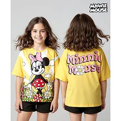 Pine Kids Disney Single Jersey Knit Oversize Drop Shoulder Half Sleeves T-Shirt with Front and Back Minnie Mouse Graphics - Yellow