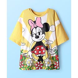 Pine Kids Disney Single Jersey Knit Oversize Drop Shoulder Half Sleeves T-Shirt with Front and Back Minnie Mouse Graphics - Yellow