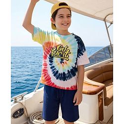 Pine Kids Single Jersey Knit Half Drop Shoulder Sleeves T-Shirt & Shorts Set With Tie & Dye Print - Multicolor & Navy Blue