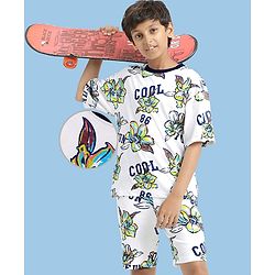 Pine Kids 100% Cotton Knit Half Sleeves Floral Printed T-Shirts & Shorts Set - White