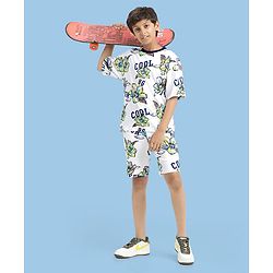 Pine Kids 100% Cotton Knit Half Sleeves Floral Printed T-Shirts & Shorts Set - White