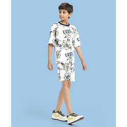 Pine Kids 100% Cotton Knit Half Sleeves Floral Printed T-Shirts & Shorts Set - White