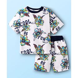 Pine Kids 100% Cotton Knit Half Sleeves Floral Printed T-Shirts & Shorts Set - White