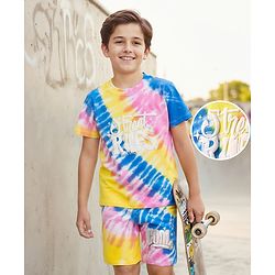 Pine Kids Single Jersey Knit Half Sleeves T-Shirt & Shorts Co-Ord Set With Text & Tie & Dye Print - Multicolor