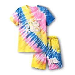 Pine Kids Single Jersey Knit Half Sleeves T-Shirt & Shorts Co-Ord Set With Text & Tie & Dye Print - Multicolor