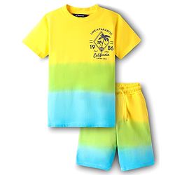 Pine Kids 100% Cotton Knit Half Sleeves Beach Theme Printed Ombre T-Shirts & Shorts Set - Yellow Light green & Blue