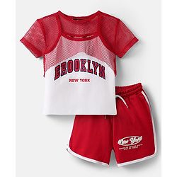 Pine Kids Single Jersey Knit Half Sleeves Top & Shorts Set With Brooklyn Print - Red & White