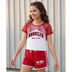 Pine Kids Single Jersey Knit Half Sleeves Top & Shorts Set With Brooklyn Print - Red & White