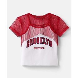 Pine Kids Single Jersey Knit Half Sleeves Top & Shorts Set With Brooklyn Print - Red & White