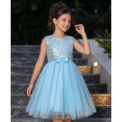 Pine Kids Woven Sleeveless Mesh Party Dress with Sequin Detailing & Bow Applique - Light Blue
