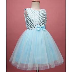 Pine Kids Woven Sleeveless Mesh Party Dress with Sequin Detailing & Bow Applique - Light Blue