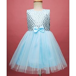 Pine Kids Woven Sleeveless Mesh Party Dress with Sequin Detailing & Bow Applique - Light Blue