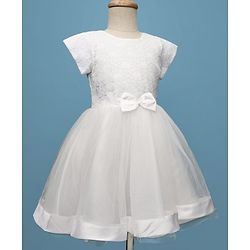 Pine Kids Woven Half Sleeves Mesh Party Dress with Bow Applique & Floral Detailing - White