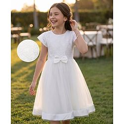 Pine Kids Woven Half Sleeves Mesh Party Dress with Bow Applique & Floral Detailing - White