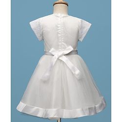 Pine Kids Woven Half Sleeves Mesh Party Dress with Bow Applique & Floral Detailing - White