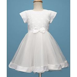 Pine Kids Woven Half Sleeves Mesh Party Dress with Bow Applique & Floral Detailing - White