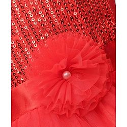 Pine Kids Woven Cap Sleeves Mesh Party Dress with Sequin Detailing & Floral Applique - Red