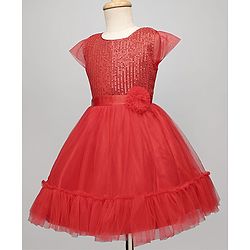 Pine Kids Woven Cap Sleeves Mesh Party Dress with Sequin Detailing & Floral Applique - Red