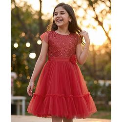 Pine Kids Woven Cap Sleeves Mesh Party Dress with Sequin Detailing & Floral Applique - Red