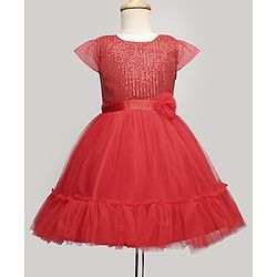 Pine Kids Woven Cap Sleeves Mesh Party Dress with Sequin Detailing & Floral Applique - Red