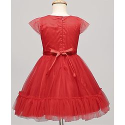 Pine Kids Woven Cap Sleeves Mesh Party Dress with Sequin Detailing & Floral Applique - Red