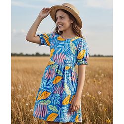 Pine Kids Cotton Knit Half Puffed Sleeves Frock with Leaves Print - Blue