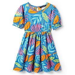 Pine Kids Cotton Knit Half Puffed Sleeves Frock with Leaves Print - Blue