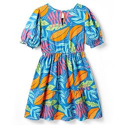 Pine Kids Cotton Knit Half Puffed Sleeves Frock with Leaves Print - Blue