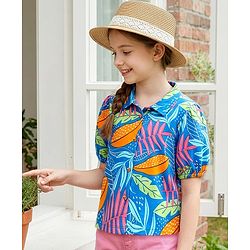 Pine Kids Cotton Knit Puffed Sleeves Top with Tropical Print - Blue