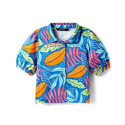 Pine Kids Cotton Knit Puffed Sleeves Top with Tropical Print - Blue