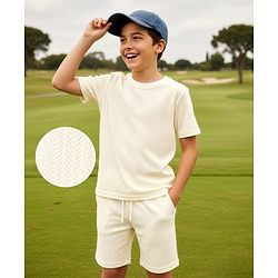Pine Kids Knit Half Sleeves Solid T-Shirt & Shorts Co-Ord Set - White