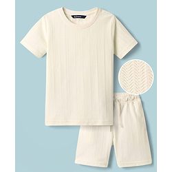 Pine Kids Knit Half Sleeves Solid T-Shirt & Shorts Co-Ord Set - White