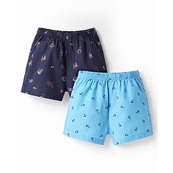 Pine Kids Cotton Woven Mid Thigh Boxers With Anchor Print Pack Of 2 - Light Blue & Navy Blue