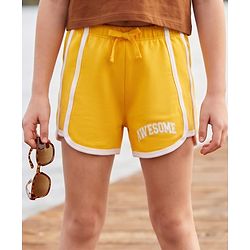 Pine Kids Looper Knit Mid Thigh Shorts With Text Print - Yellow