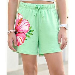 Pine Kids Looper Knit Mid Thigh Shorts with Floral Print - Light Green