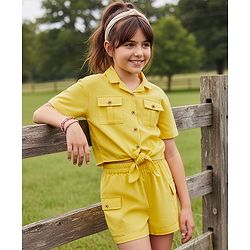 Pine Kids Cotton Woven Half Sleeves Solid Color Top & Shorts Set - Golden