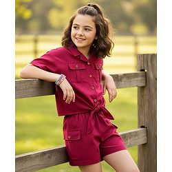 Pine Kids Cotton Woven Half Sleeves Solid Color Top & Shorts Set - Maroon