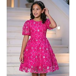 Pine Kids Woven Half Sleeves Party Dress With Sequin Detailing - Dark Pink