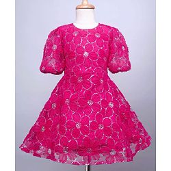 Pine Kids Woven Half Sleeves Party Dress With Sequin Detailing - Dark Pink