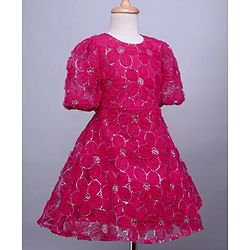 Pine Kids Woven Half Sleeves Party Dress With Sequin Detailing - Dark Pink