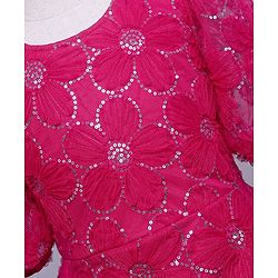 Pine Kids Woven Half Sleeves Party Dress With Sequin Detailing - Dark Pink
