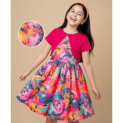 Pine Kids Woven Floral Printed Party Dress with Half Sleeves Jacket - Pink