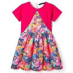 Pine Kids Woven Floral Printed Party Dress with Half Sleeves Jacket - Pink