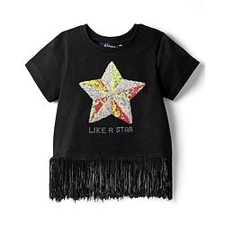 Pine Kids Cotton Knit Half Sleeves Top with Sequin Detailing & Tassel Hem - Black