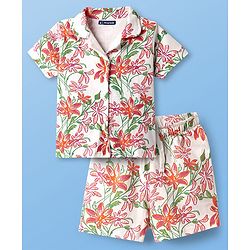 Pine Kids Single Jersey Knit Half Sleeves Shorts Co-Ords Night Suit with Floral Print - White