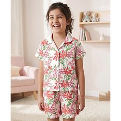 Pine Kids Single Jersey Knit Half Sleeves Shorts Co-Ords Night Suit with Floral Print - White