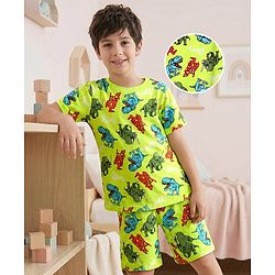 Pine Kid Single Jersey Knit Half Sleeves Co-ords Shorts Night Suit With Dino Print - Light Green