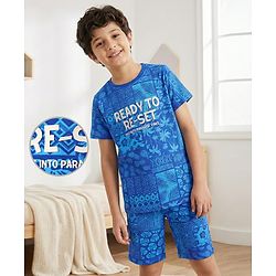 Pine Kids Single Jersey Knit Half Sleeves Co-ords Shorts Night Suit With Tropical Theme Print - Blue