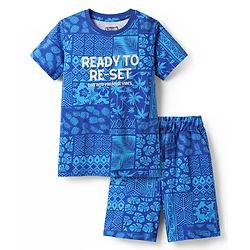 Pine Kids Single Jersey Knit Half Sleeves Co-ords Shorts Night Suit With Tropical Theme Print - Blue