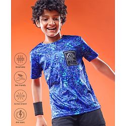 Pine Active Knit Half Sleeves Drop Shoulder T-Shirt with Abstract Print - Blue